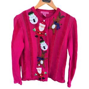 Vintage Bobbie Bell Christmas Holiday Pink Cardigan Felt Appliques Beads Size M